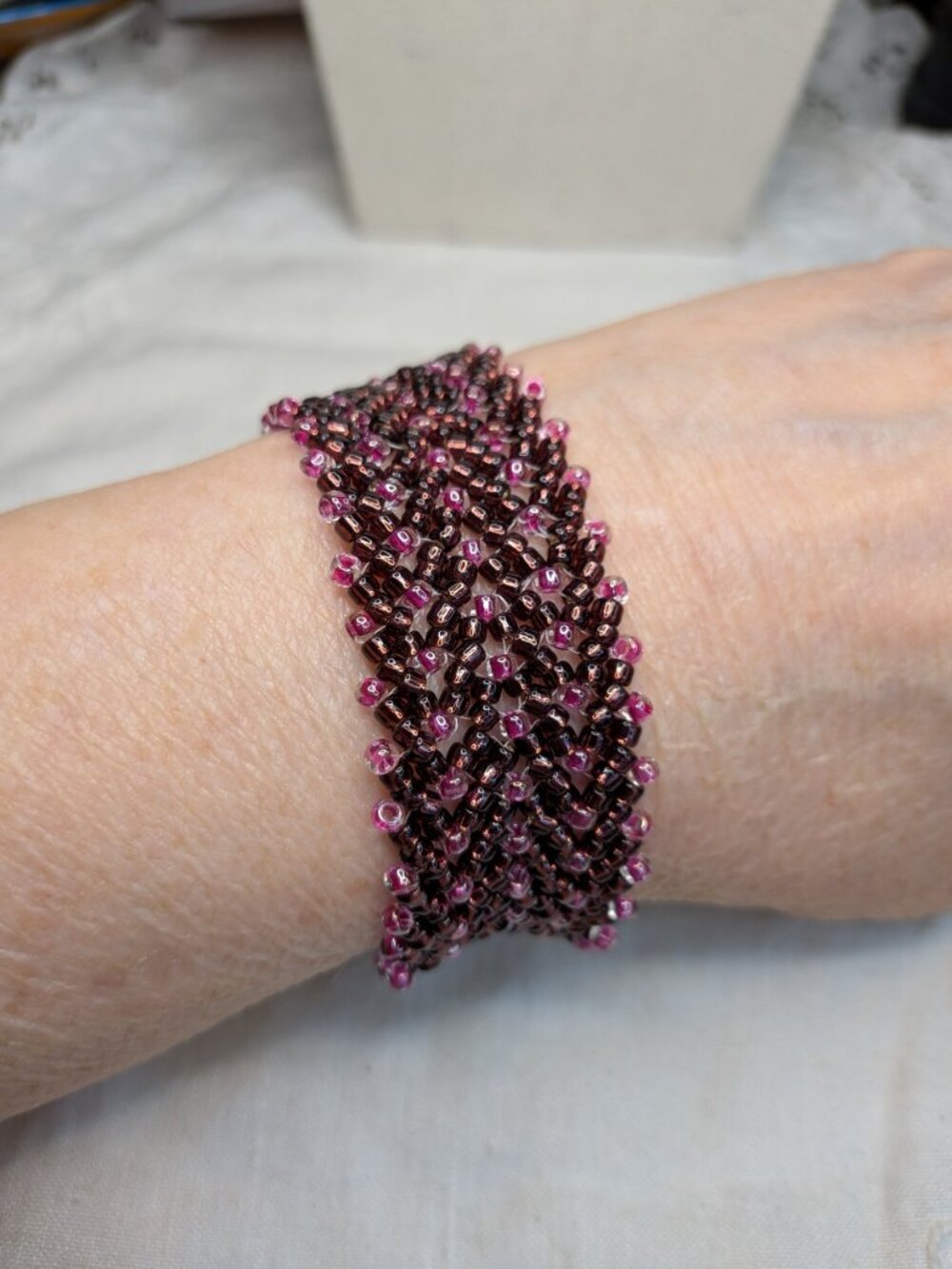 Vintage Purple & Pink Beaded Bracelet – Rhinestone Clasps